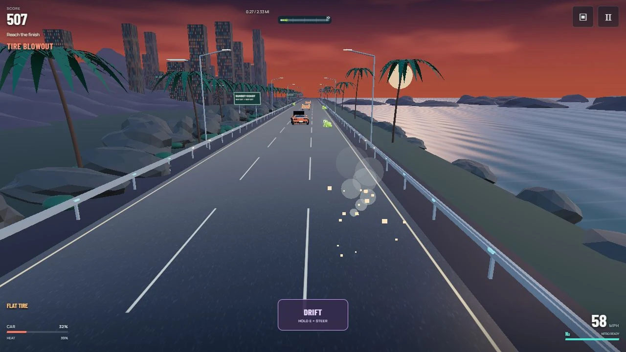 Actual Toad Rage gameplay: the driving course, vehicle and score display
