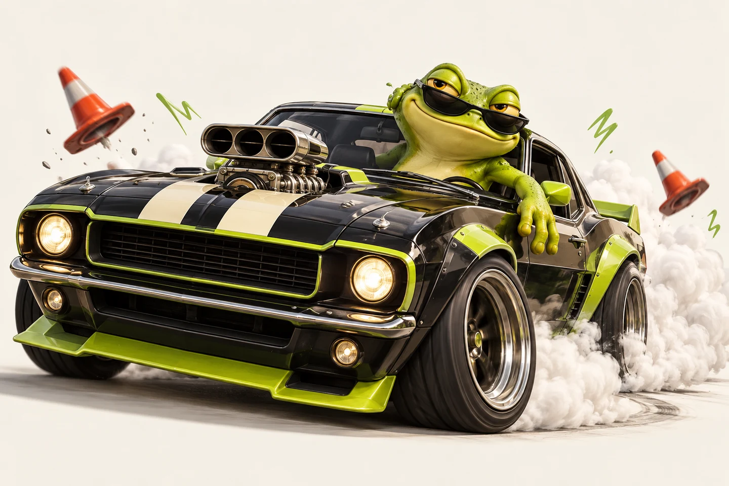 A smug green toad drifting a black muscle car past flying traffic cones